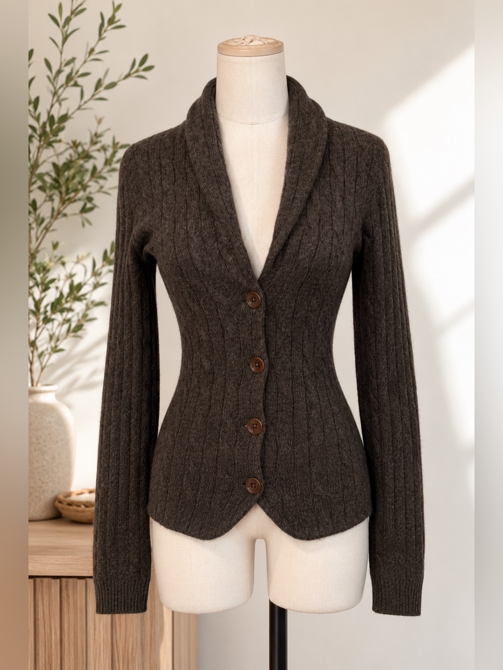 Aqua Cashmere 100% Cashmere Cable Knit Cardigan Sweater Brown Women’s Size Small